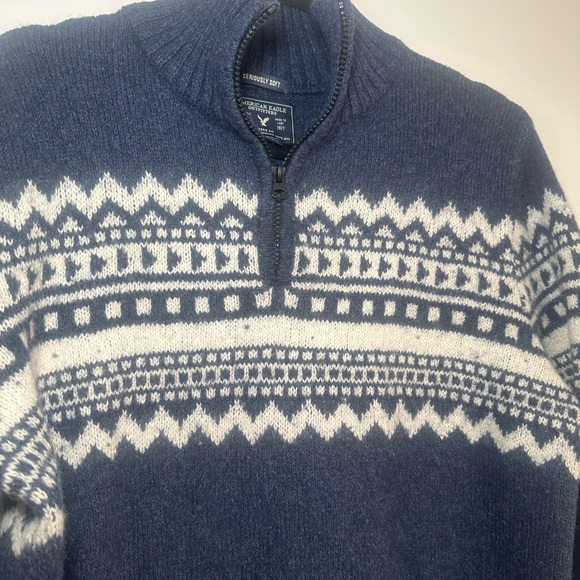 American Eagle Seriously Soft Sweater Pullover Men's Large 1/4 Zip Blue White - Picture 3 of 7